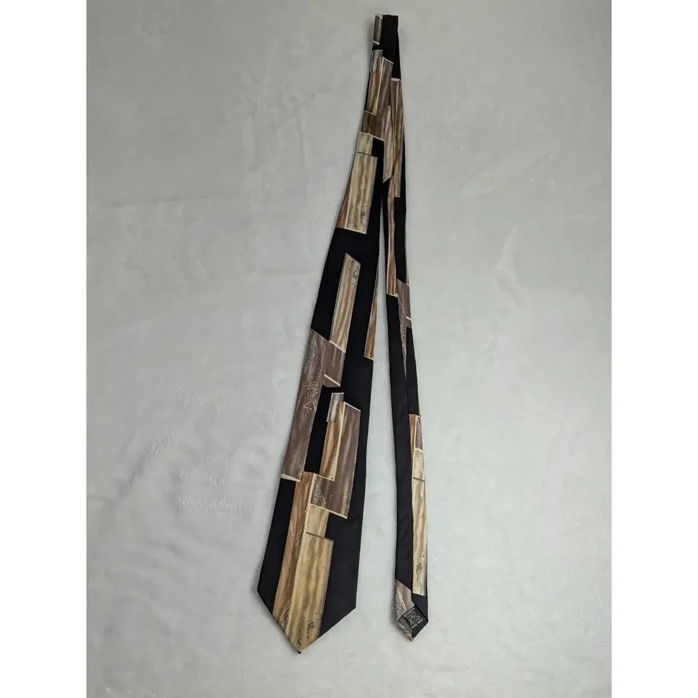 Vintage Ferracci Silk Tie Mens Black Gold Abstract Geometric 90s Italy Hand Made